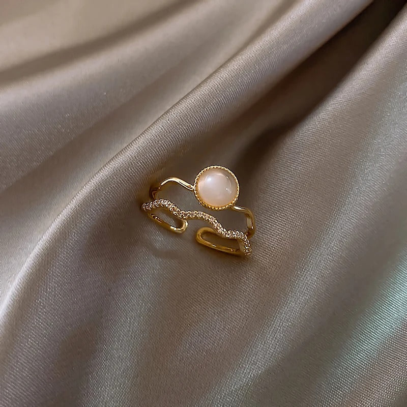Vintage White Pearl & Gold Wave Adjustable Ring-Lydieannejewelry