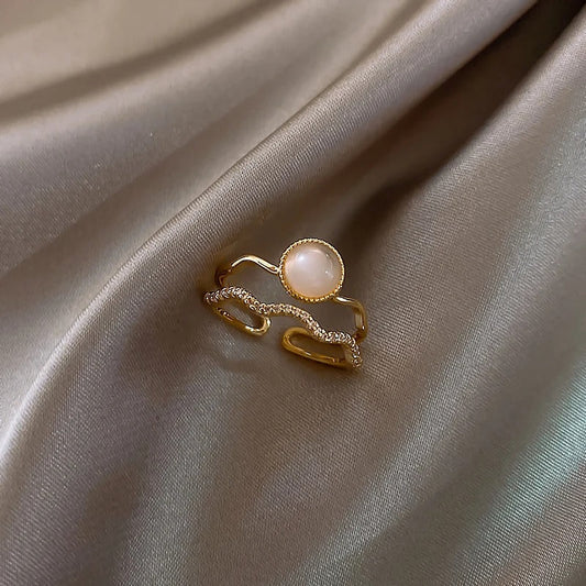 Vintage White Pearl & Gold Wave Adjustable Ring-Lydieannejewelry