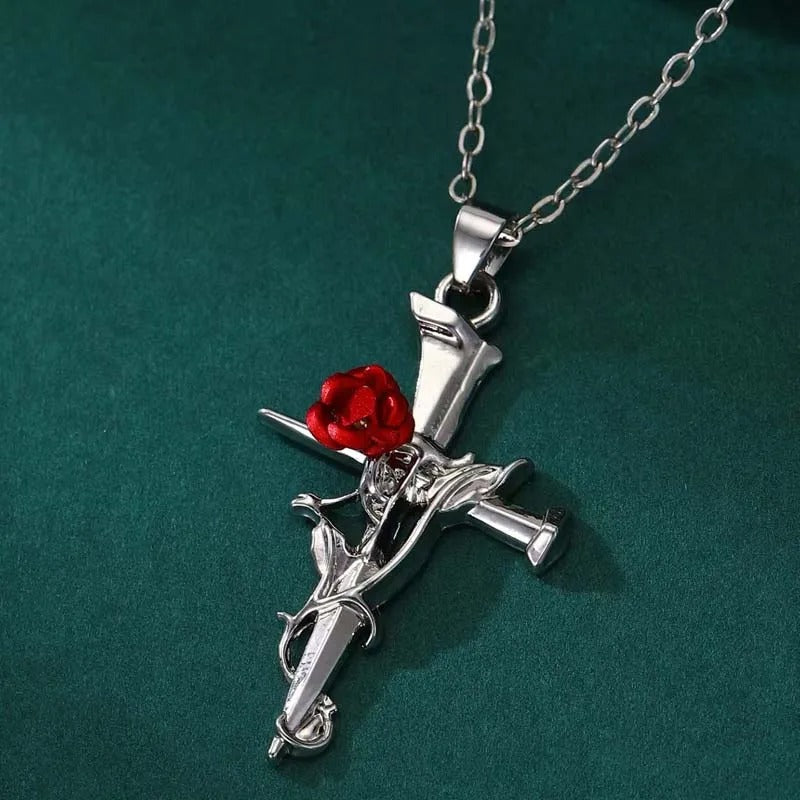 Silver Religious Cross & Rose Thorn Necklace-Lydieannejewelry