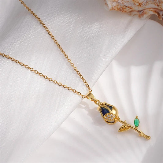 Vintage Gold Rose & Blue Gemstone Necklace-Lydieannejewelry