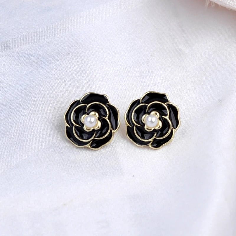 Black Enamel Flower Pearl Earrings-Lydieannejewelry