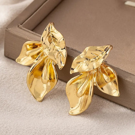 Vintage Gold Asymmetric Leaf Flower Stud Earrings-Lydieannejewelry
