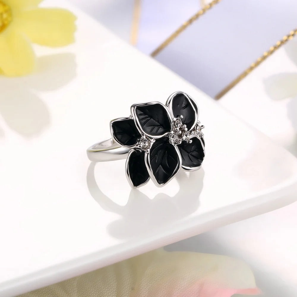 Classic Silver Black Floral Leaf Ring-Lydieannejewelry