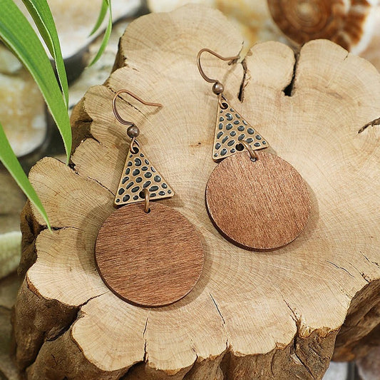 Wooden Disc & Carved Triangle Drop Earrings-Lydieannejewelry