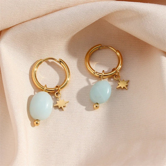 Vintage Aqua Bead & Star Gold Hoop Earrings-Lydieannejewelry