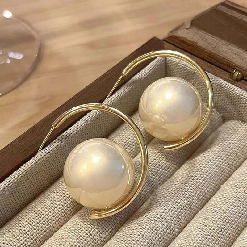 Timeless Gold & Big Round Pearl Drop Earrings-Lydieannejewelry