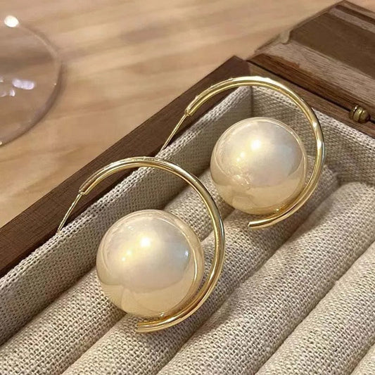 Timeless Gold & Big Round Pearl Drop Earrings-Lydieannejewelry