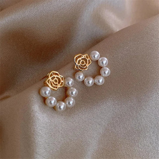 Gold Pearl & Rose Floral Hoop Earrings-Lydieannejewelry