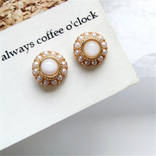 Classic Pearl Gold Frame Stud Earrings-Lydieannejewelry