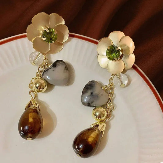 Classic Gold Flower Earthy Gemstone Dangle Earrings-Lydieannejewelry