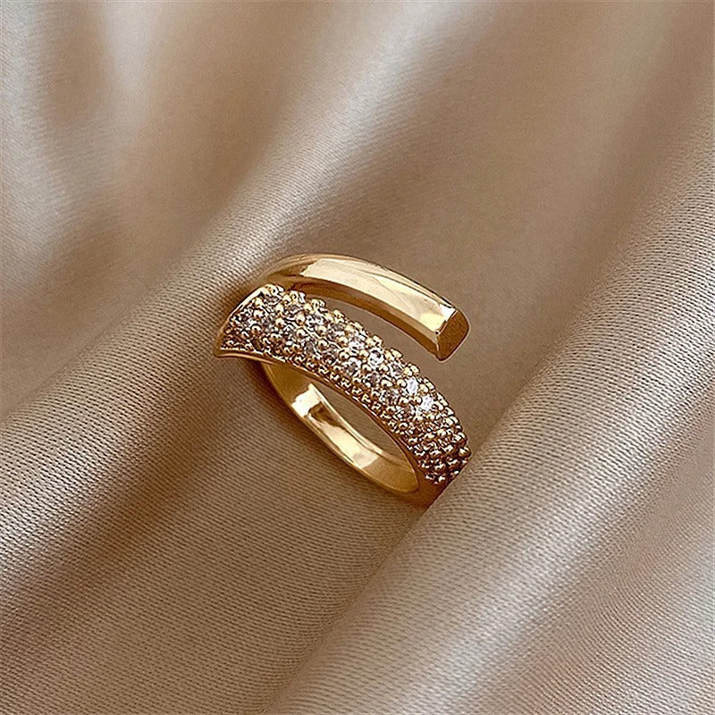 Gold Pave Crossover Sparkling Crystal Adjustable Ring-Lydieannejewelry
