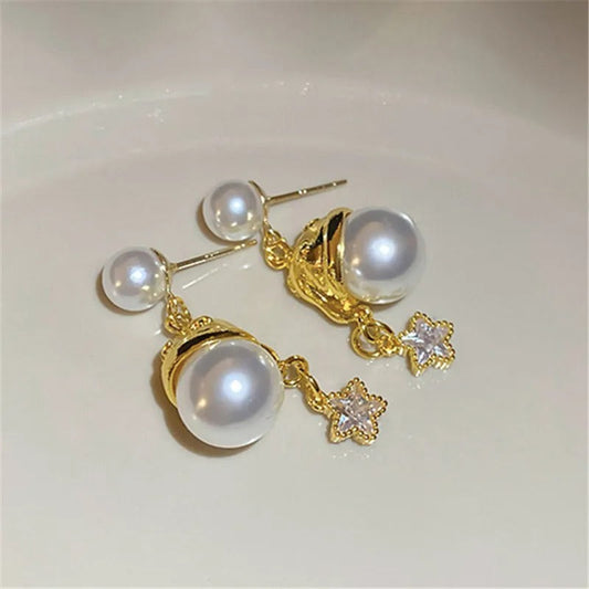 Antique Style Pearl & Sparkling Star Charm Gold Earrings-Lydieannejewelry