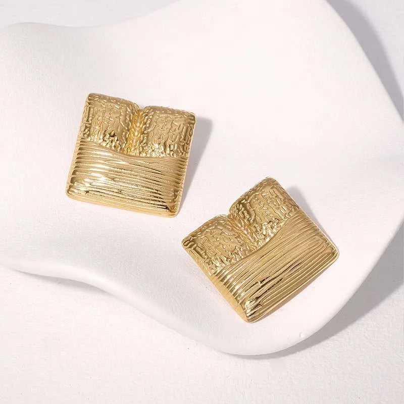 Vintage Gold Textured Square Earrings-Lydieannejewelry