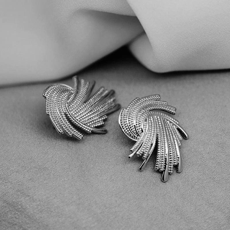 Silver Spiral Feather Design Stud Earrings-Lydieannejewelry