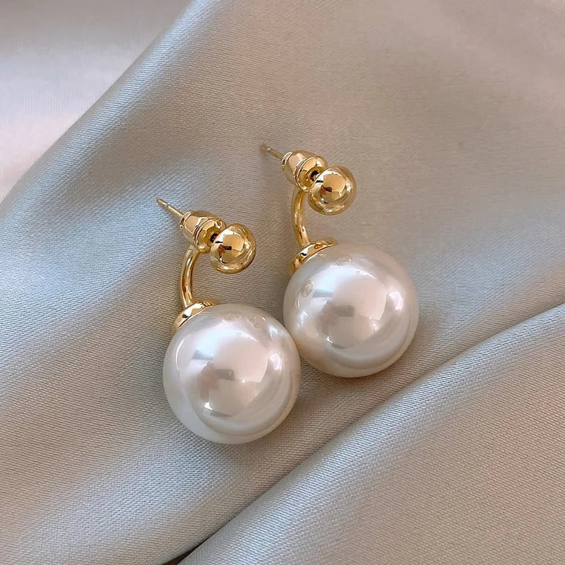 Classic White Pearl & Curved Gold Earrings-Lydieannejewelry