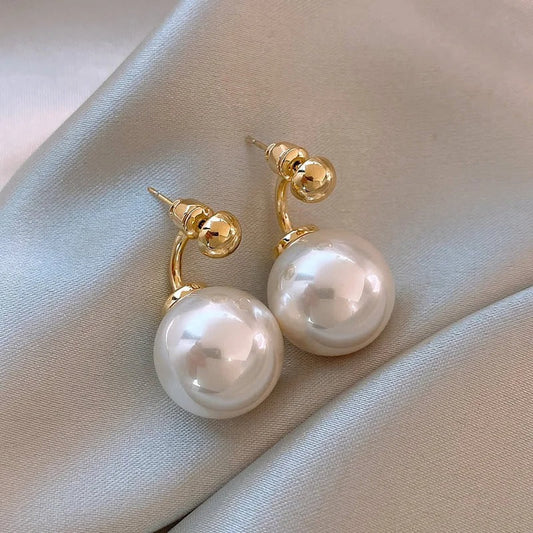 Classic White Pearl & Curved Gold Earrings-Lydieannejewelry