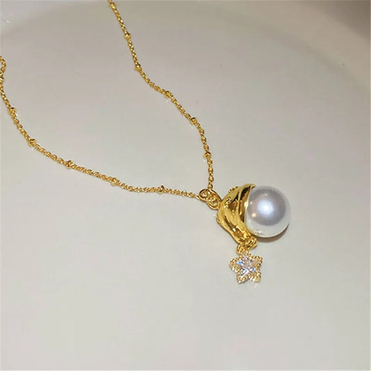 Vintage Gold Pearl Pendant & Star Charm Necklace-Lydieannejewelry