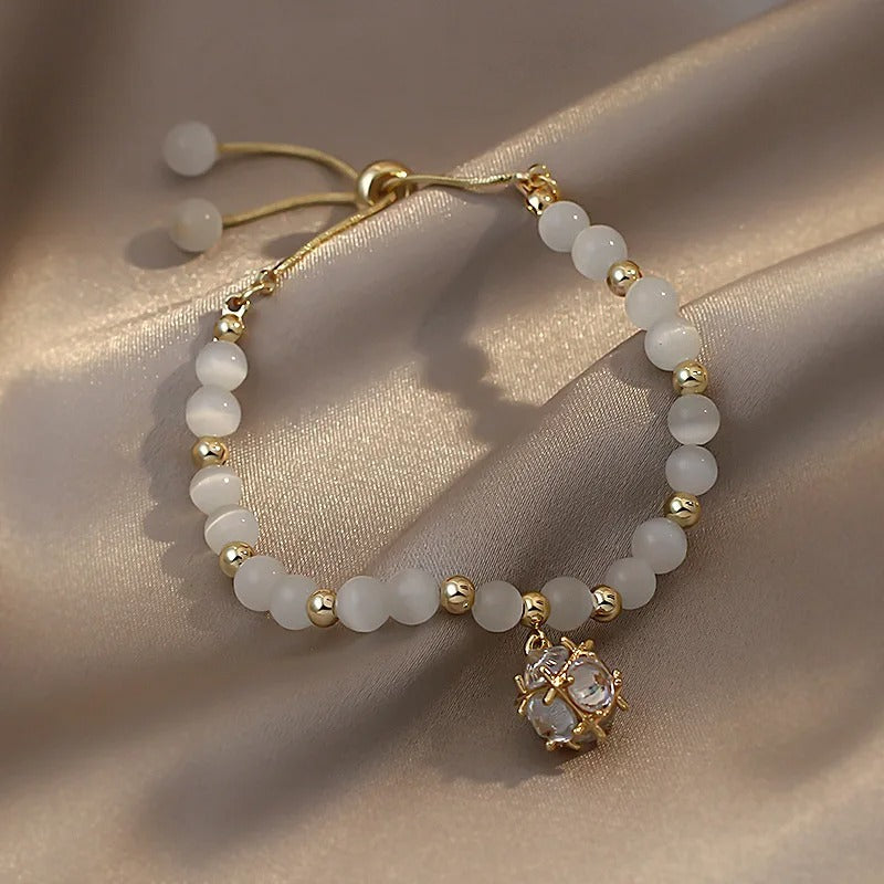 Gold White Beaded & Crystal Pendant Bracelet-Lydieannejewelry