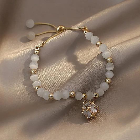 Gold White Beaded & Crystal Pendant Bracelet-Lydieannejewelry