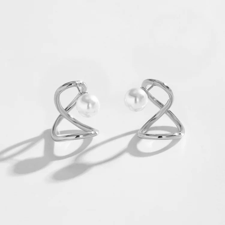 Silver Pearl Infinity Loop Earrings-Lydieannejewelry