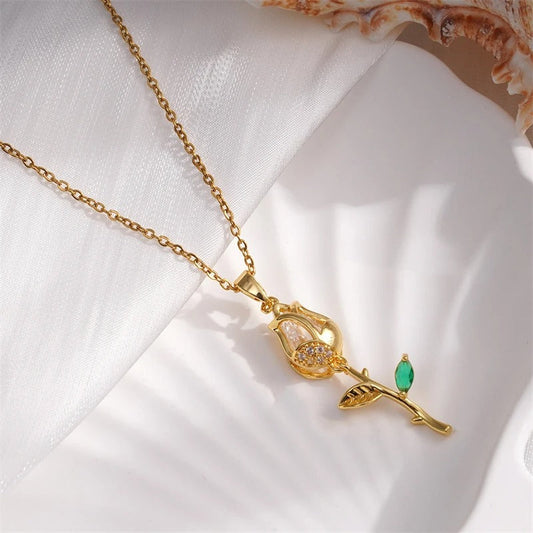 Gold Rose & Crystal Flower Necklace-Lydieannejewelry