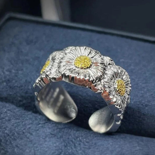 Classic Silver & Yellow Daisy Flower Adjustable Ring-Lydieannejewelry