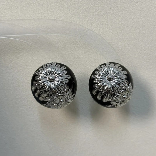 Classic Black Vintage Silver Flower Design Earrings-Lydieannejewelry