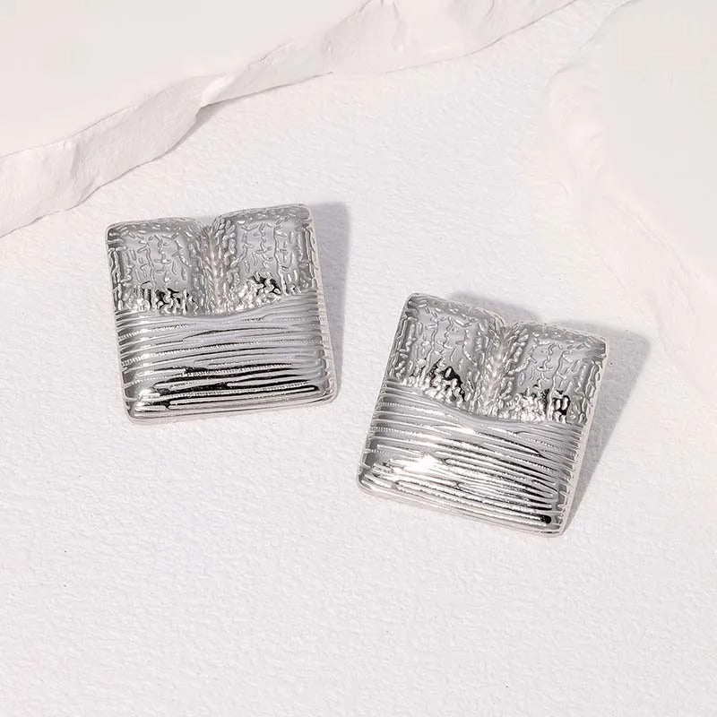 Vintage Silver Textured Square Earrings-Lydieannejewelry