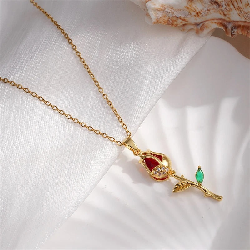 Vintage Gold Rose & Red Gemstone Necklace-Lydieannejewelry