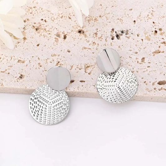 Silver Textured Geometric Disc Earrings-Lydieannejewelry