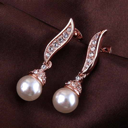 Vintage Rose Gold Pearl Drop & Sparkling Crystal Earrings-Lydieannejewelry