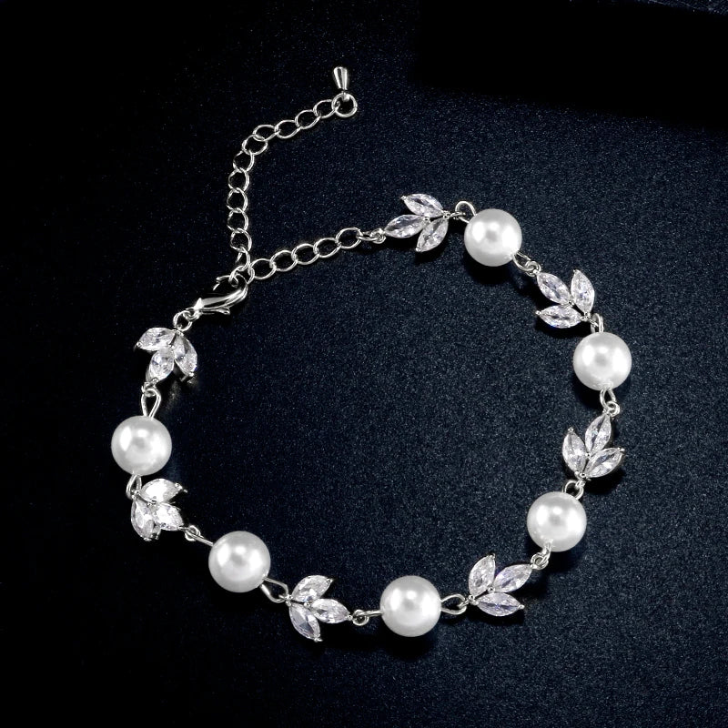 Silver Crystal Leaf & Pearl Bracelet-Lydieannejewelry