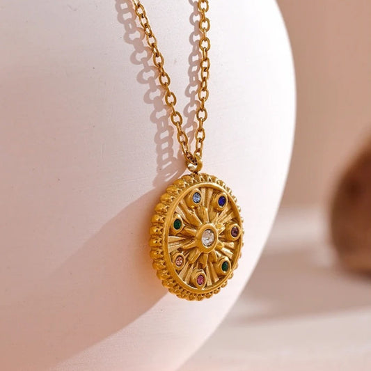 Vintage Multicolor Stone Gold Necklace-Lydieannejewelry