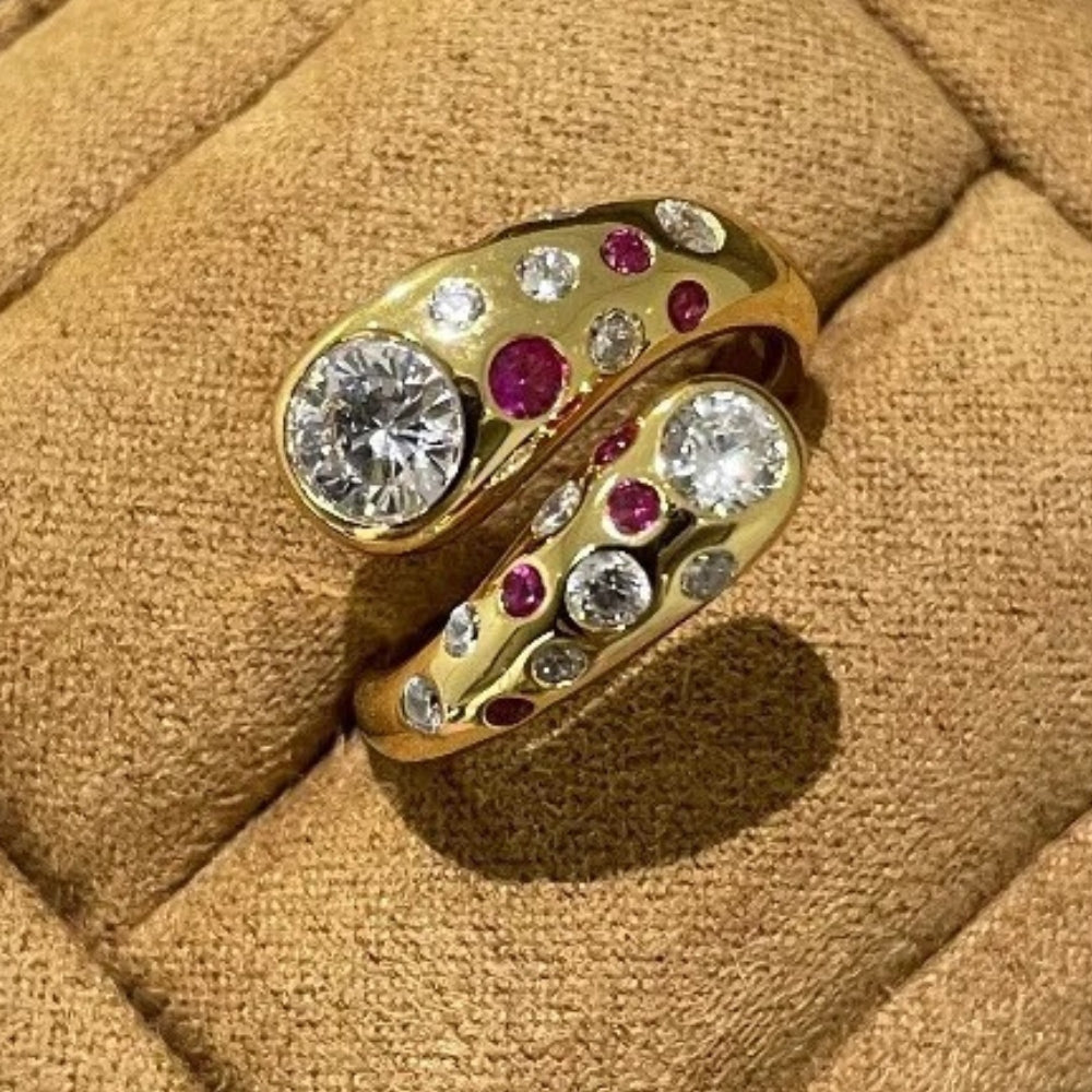 Vintage Gold & Swirl Crystal Round Diamond Adjustable Ring-Lydieannejewelry