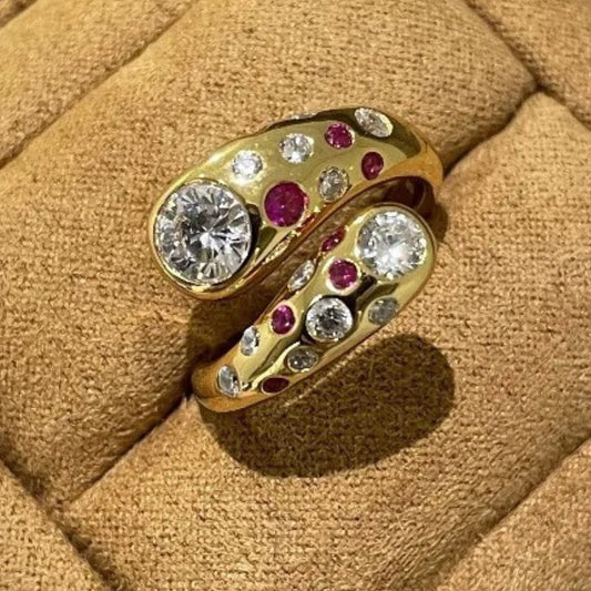 Vintage Gold & Swirl Crystal Round Diamond Adjustable Ring-Lydieannejewelry