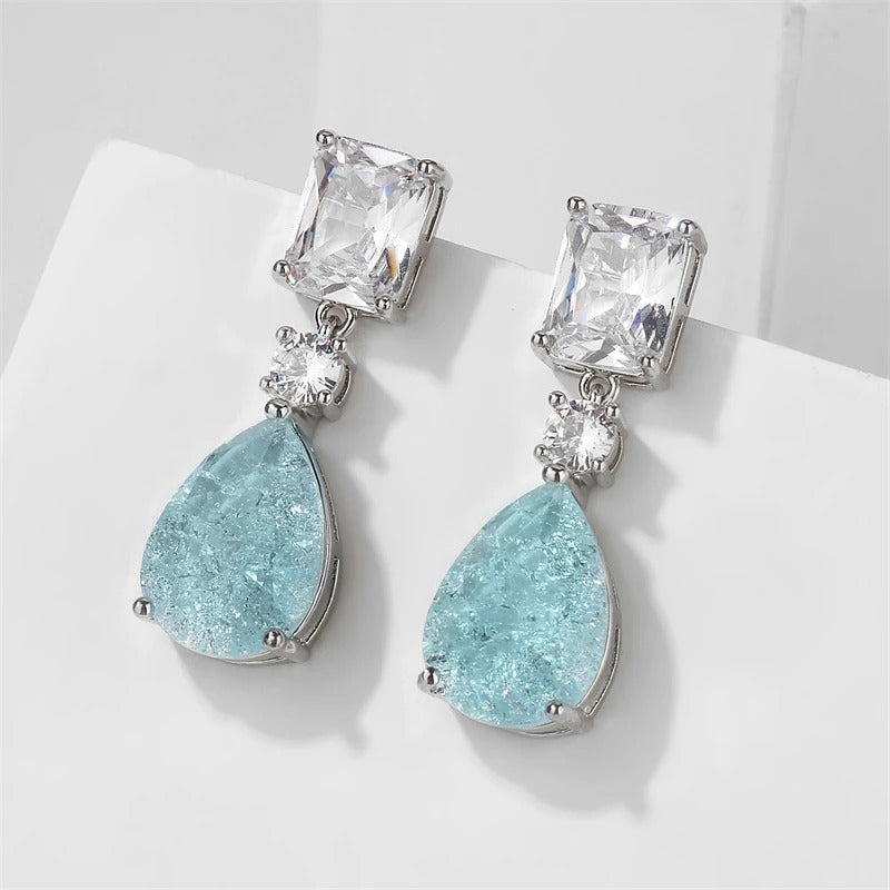 Classic Aqua Stone & Crystal Silver Earrings-Lydieannejewelry