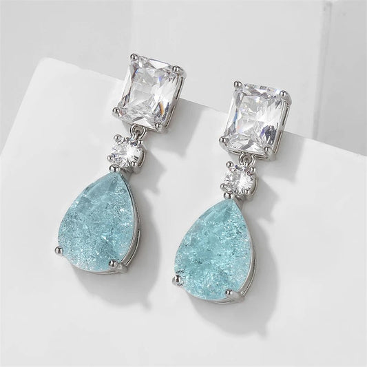 Classic Aqua Stone & Crystal Silver Earrings-Lydieannejewelry