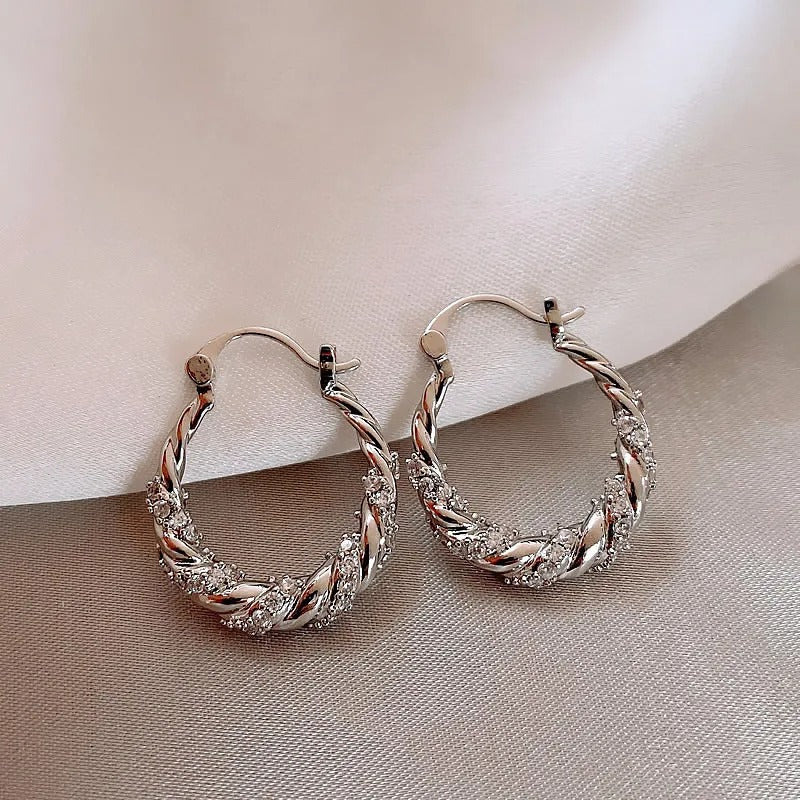Vintage Twisted Crystal Silver Hoop Earrings-Lydieannejewelry