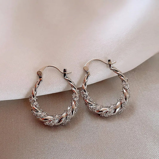 Vintage Twisted Crystal Silver Hoop Earrings-Lydieannejewelry