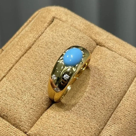 Vintage Diamond Inlay Turquoise Blue Shiny Adjustable Ring-Lydieannejewelry