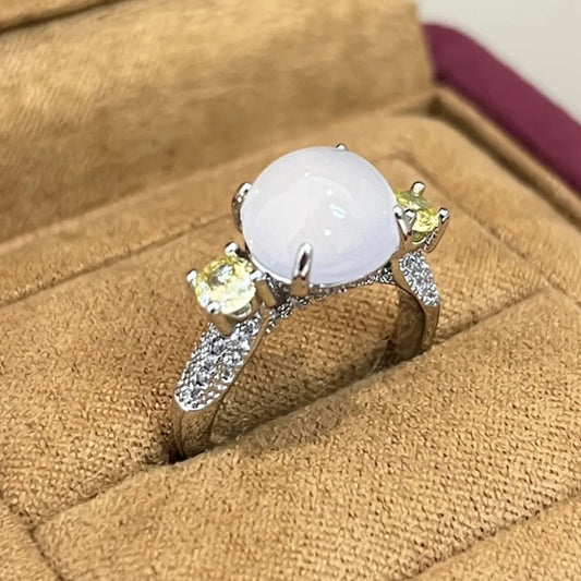Classic Silver Yellow Gemstone Round White Adjustable Ring-Lydieannejewelry