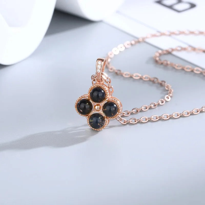 Vintage Blue Amber Clover Pendant Necklace-Lydieannejewelry