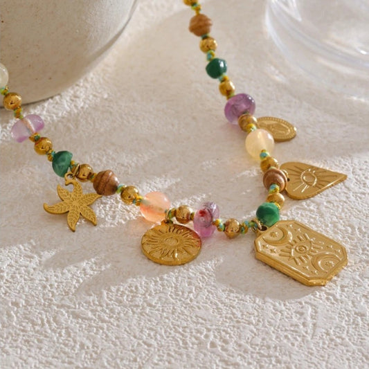 Vintage Gold Multi-Charm Beaded Necklace-Lydieannejewelry