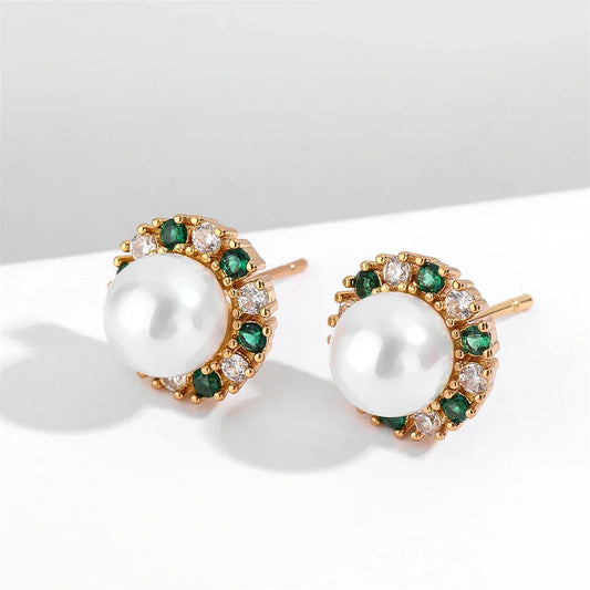 Vintage Green & White Pearl Stud Earrings-Lydieannejewelry