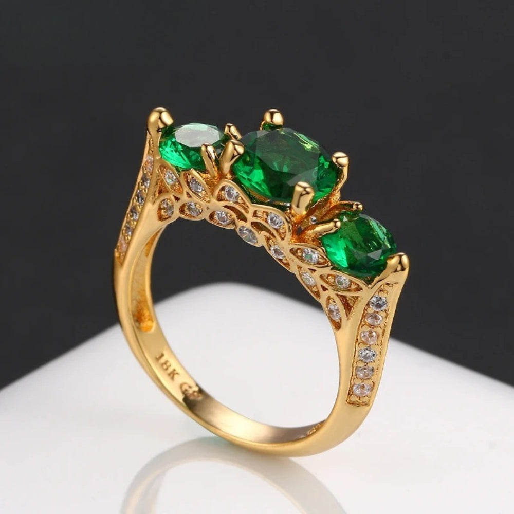 Classic Gold Three-Green Gem & Silver Accent Ring-Lydieannejewelry