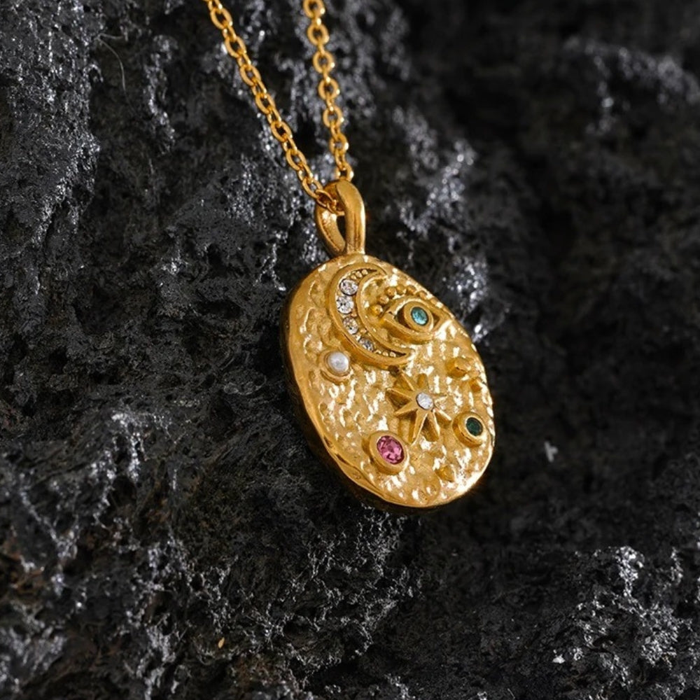 Vintage Gold Moon & Star Pendant Necklace-Lydieannejewelry