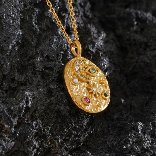 Vintage Gold Moon & Star Pendant Necklace-Lydieannejewelry