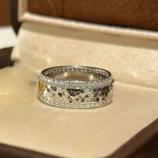 Classic Silver & Diamond Studded Sequin Crushed Ice Ring-Lydieannejewelry