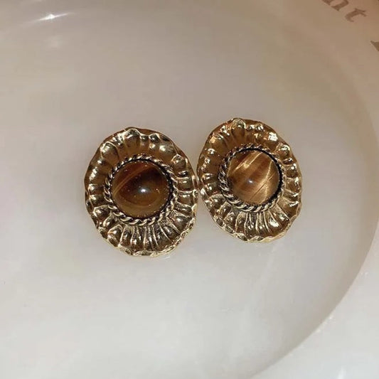 Vintage Gold Brown Oval Stud Earrings-Lydieannejewelry