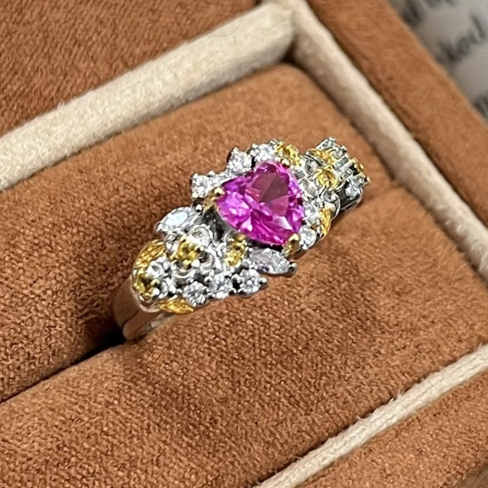 Vintage Floral Pink Heart-Shaped Gemstone Adjustable Ring-Lydieannejewelry